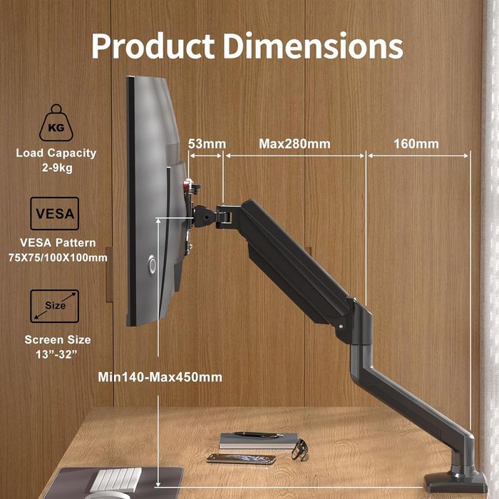 кронштейн для монітора Suptek MD01A (13-32", до 9кг) газліфт, чорний