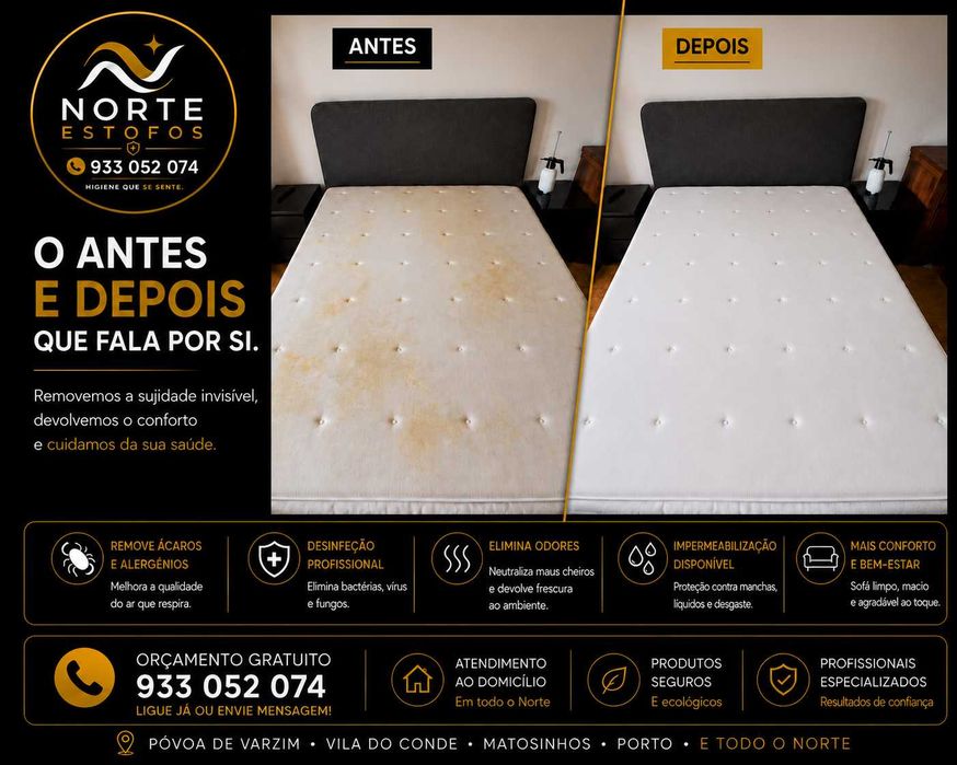 Limpeza, Desinfeção ou Impermeabilização profissional de Sofás, Colchões  e Estofos  de 39 €.