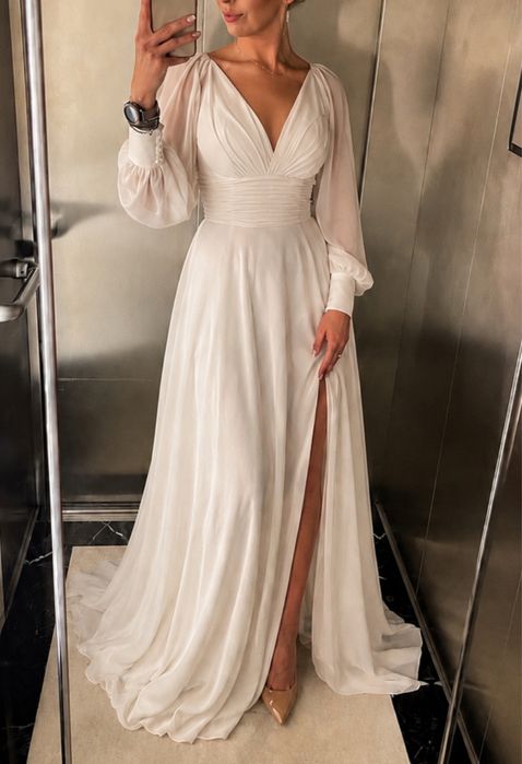 Sukienka ślubna boho rustykalna rozkloszowana dekolt boho S 36