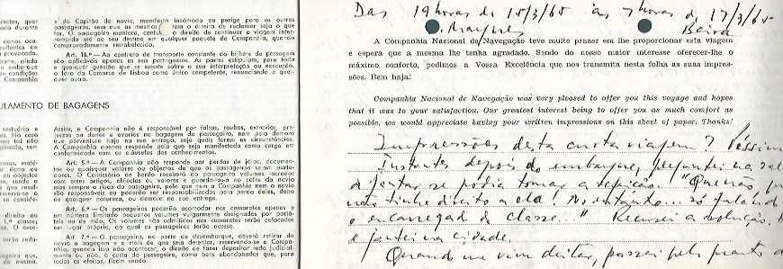 CNN - Companhia Nacional de Navegação - Bilhete de Passagem Antigo 1965 -  Lourenço Marques-Beira Moçambique