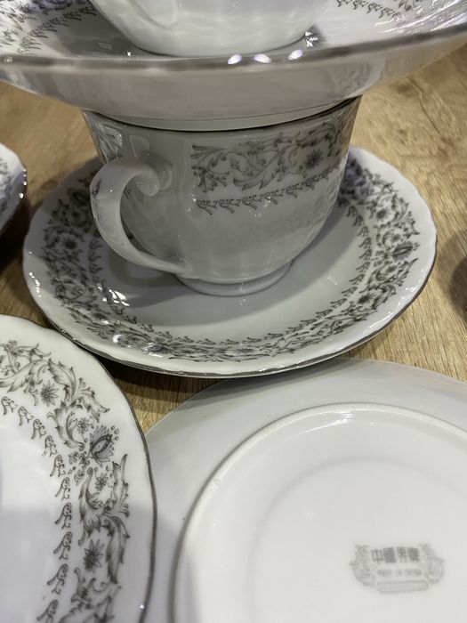 Zestaw filiżanki Swirl platinum scroll Porcelana kostna