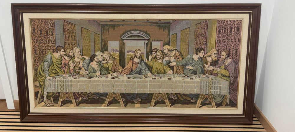 Quadro mesa dos apóstolos em tecido com moldura em carvalho