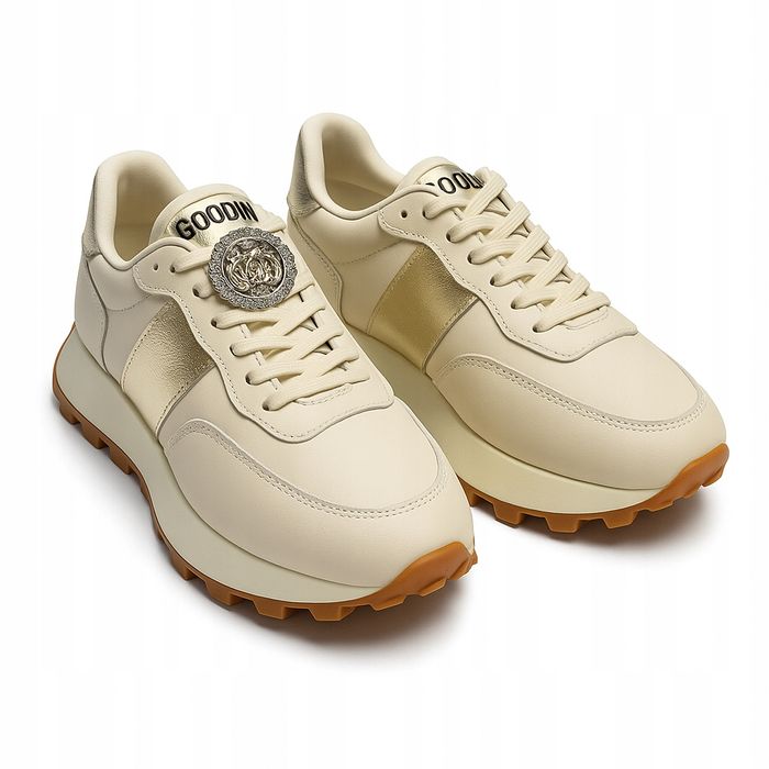 Sneakersy damskie na platformie skóra tkanina beżowe 39