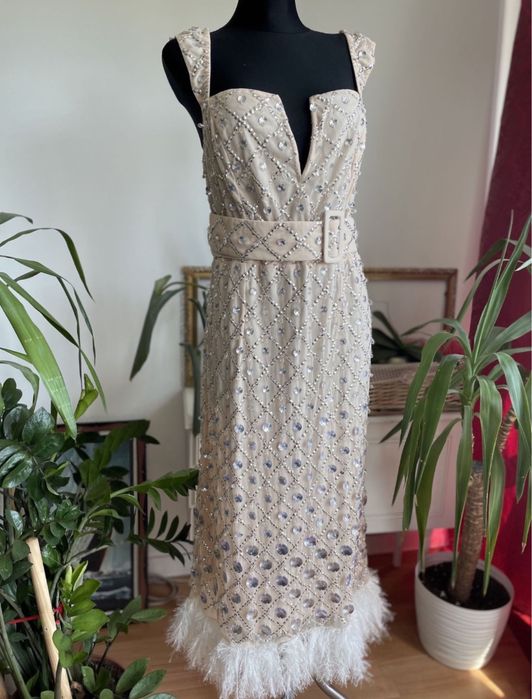 Asos luxe cekinowa sukienka midi midaxi pióra 44 xxl  zdobiona