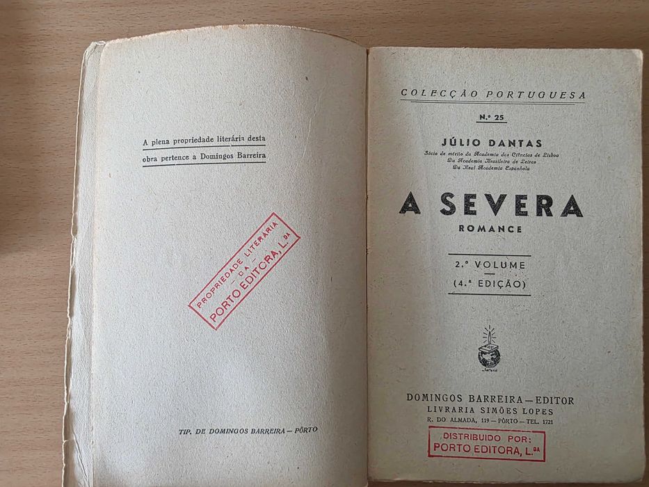 2 livros com o romance "A Severa" de Júlio Dantes