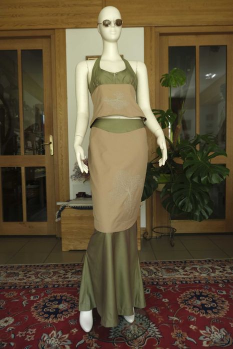 wieczorowy komplet top halter spódnica z trenem vintage 90te Design
