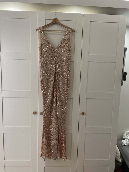 Sukienka wieczorowa maxi – cekiny, różowe złoto , Sylwester