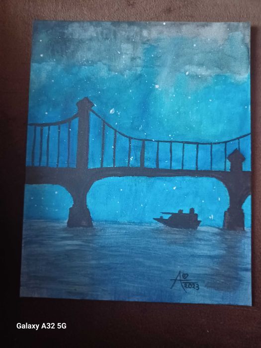 Autorski obraz widok autorski farby tempera most 24x30 cm