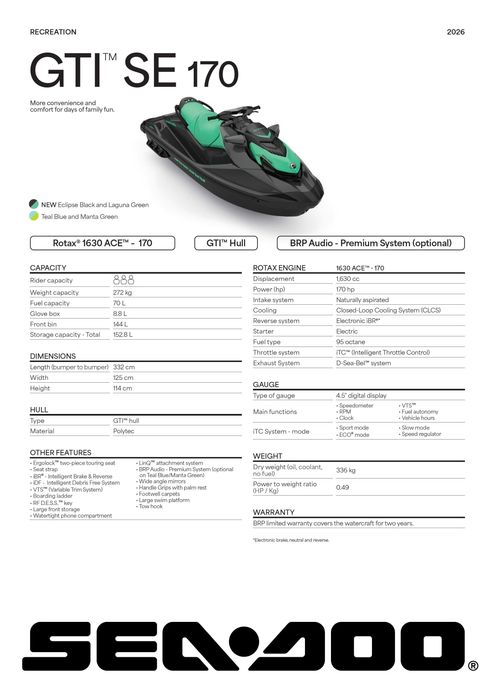 Skuter wodny Sea Doo GTI SE 170 Model 2026