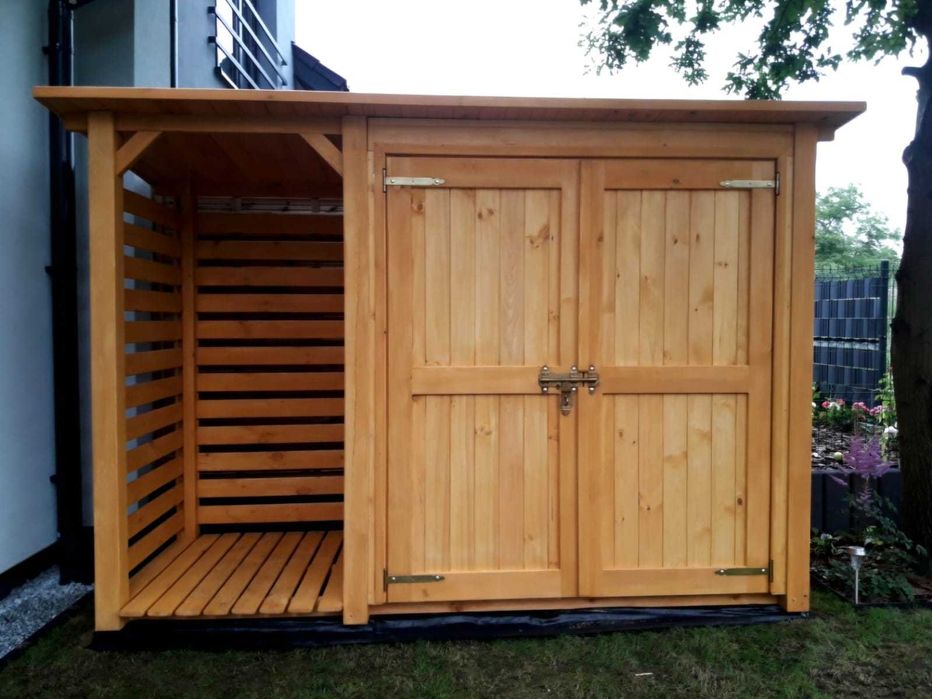 Domek narzędziowy ogrodowy 2x1,1m z drewutnią 1x1,1m z dachem prostym