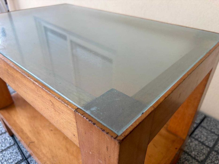 Mesa de Centro de Vidro Temperado e Madeira Maciça
