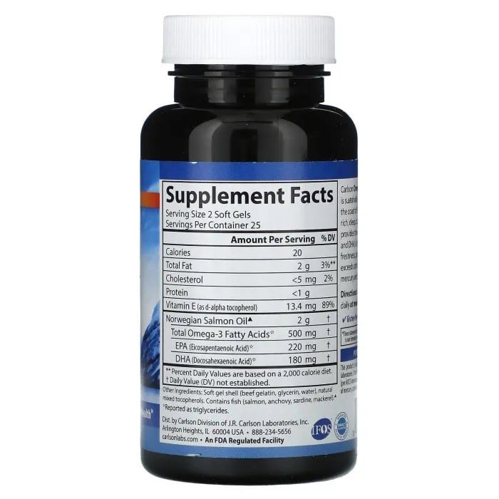 Олія лосося, Омега-3, Omega-3 Enriched Salmon Oil, Carlson, норвезька, 250 мг, 50 гелевих капсул
