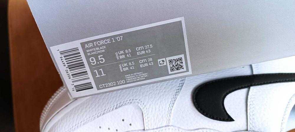 r. 43 Nike Air Force 1 Low '07 White Black Pebbled Leather CT2302,-100