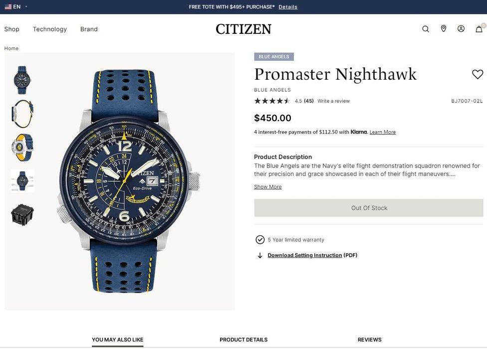 Культовые часы Citizen Ночной Ястреб спецверсия Blue Angels BJ7007-02L