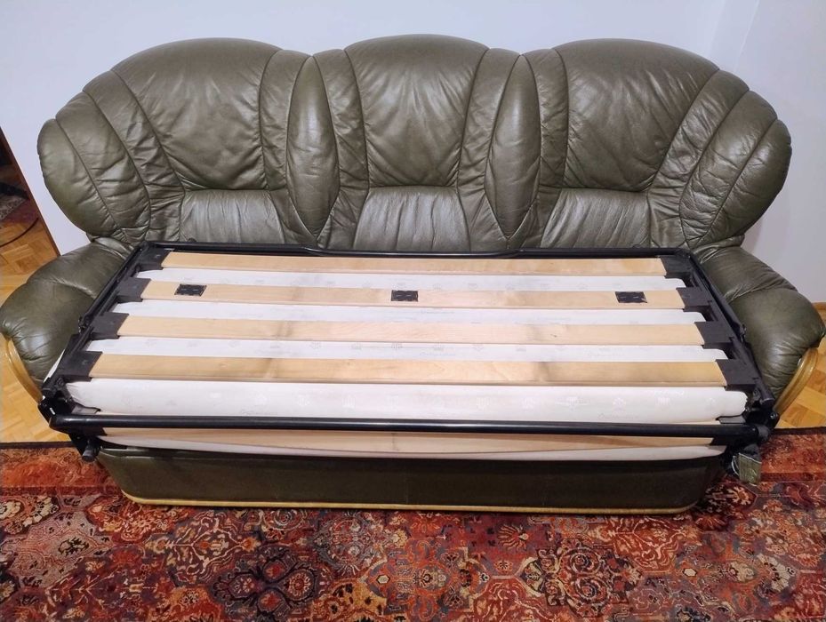 Zestaw wypoczynkowy sofa fotel skóra naturalna oliwka Kalwaria 3+2+1