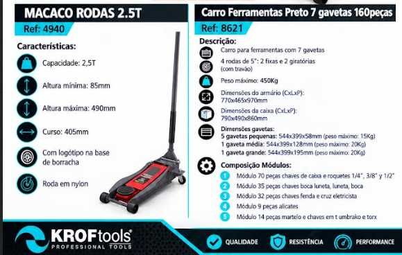 Carro ferramentas 7 gavetas 160 peças + Macaco 2.5T