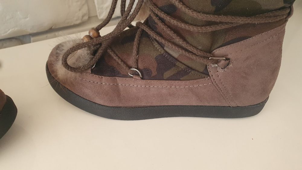 Damskie botki/śniegowce/Eskimoski khaki/moro piórka/koraliki 36