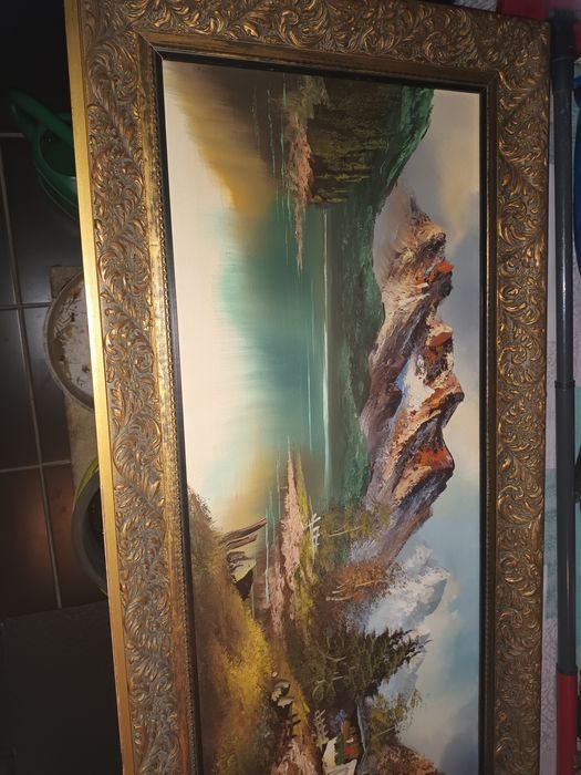 Obraz z pejzażem chata góry jezioro 114x49cm