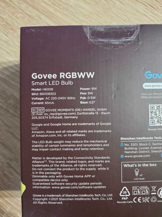 Inteligentna żarówka LED GOVEE H6004 E27 Bluetooth/Wi-Fi 2sztuki