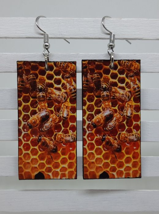 Kolczyki Pszczoła miodna ul miód decoupage grafika pszczoły Handmade