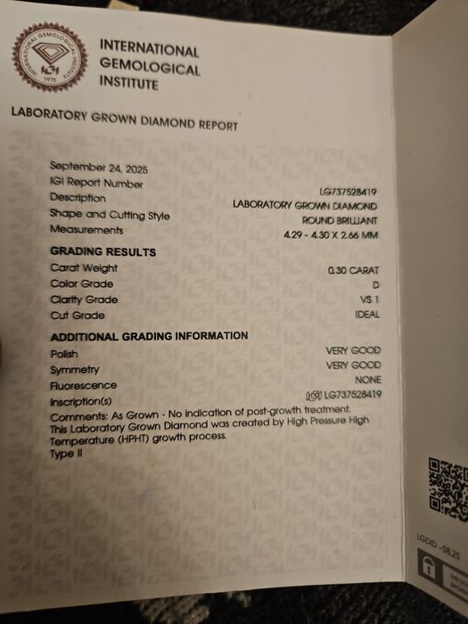 Diament lab-grown 0,30 ct D VS1 IGI Ideal – certyfikat – OKAZJA