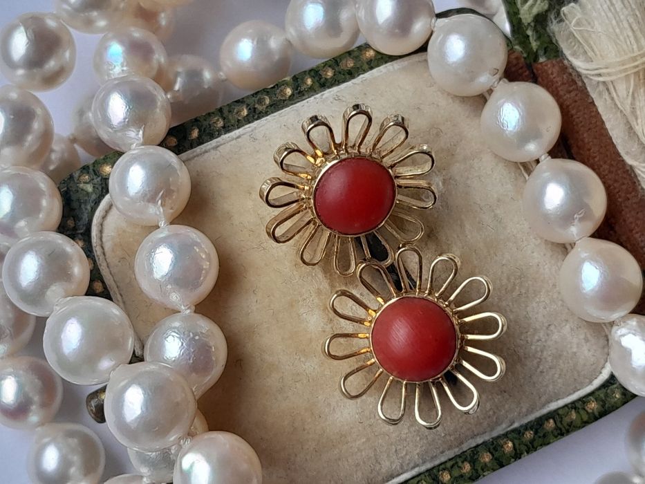 Piękne retro Kolczyki 3.8g Koral Złoto 585