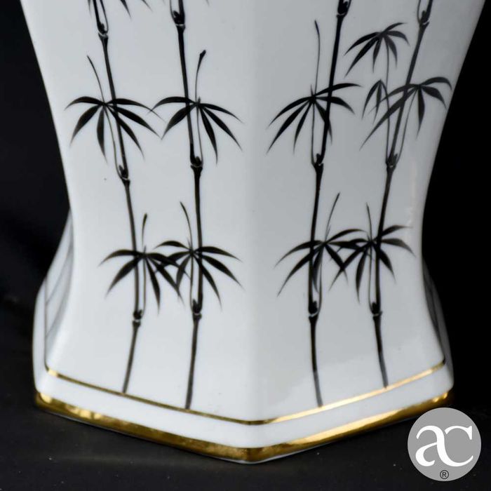 Par de potes hexagonais com tampa porcelana Artibus, decoração bambu