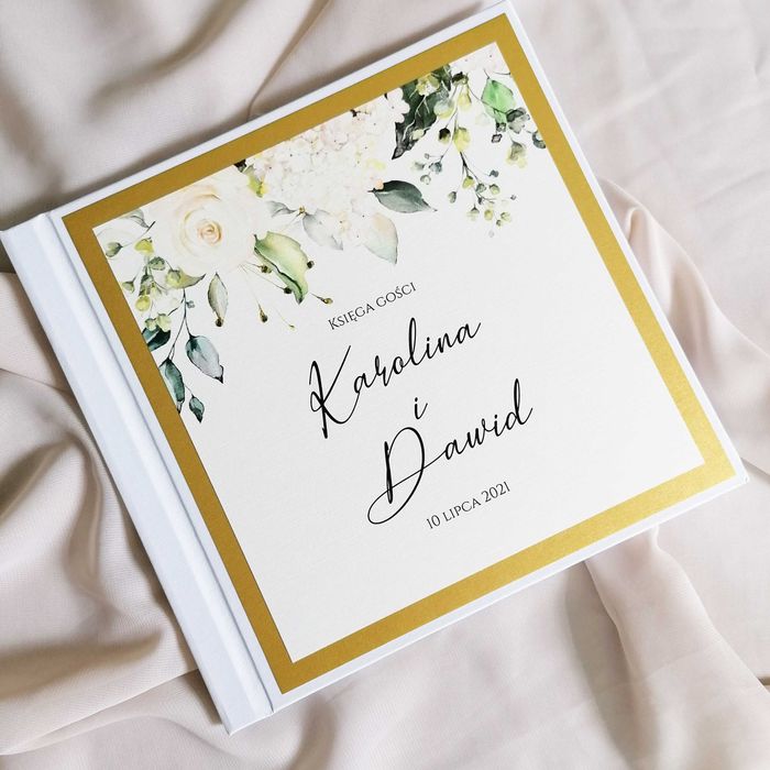 Piękna księga gości na wesele - antyczne złoto i hortensja