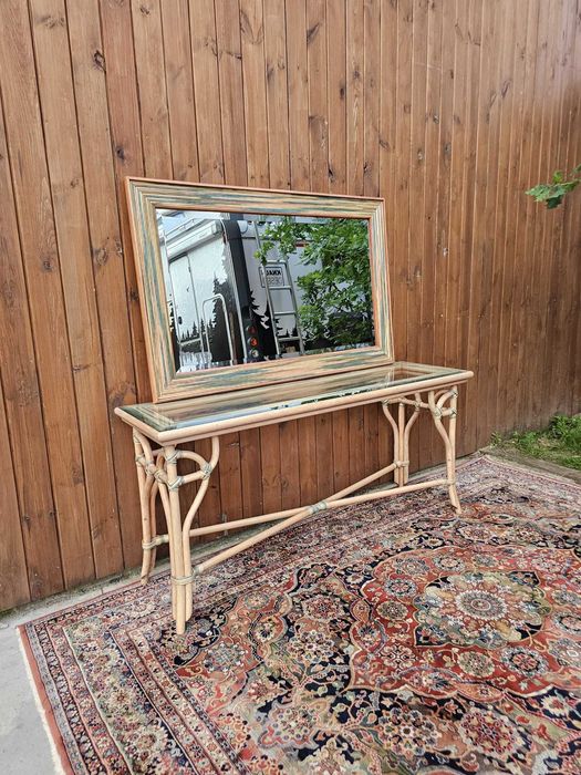 Konsola bambusowa z lustrem rattan szkło vintage #731 Stylowy Węgrów