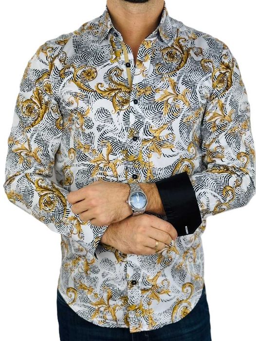 DANIEL BESSI Koszula męska fb114 biała, złota, glamour, kwiaty