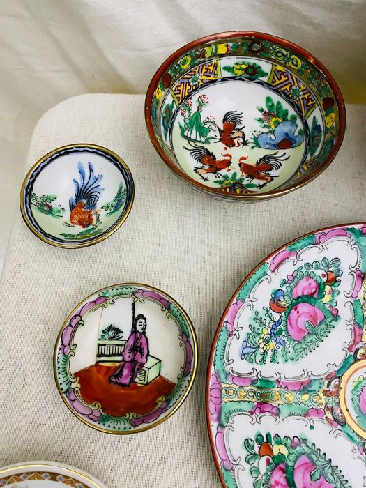 Lote Luxo Porcelana de Macau - Selo Qianlong - Pintado à Mão