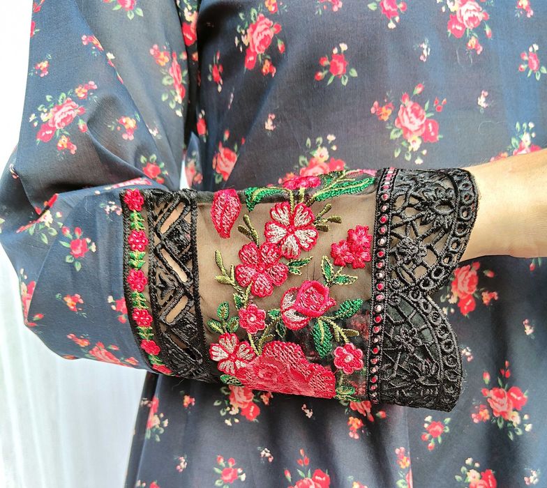 Komplet długa sukienka maxi spodnie M 38 bawełna czarna w kwiaty róże