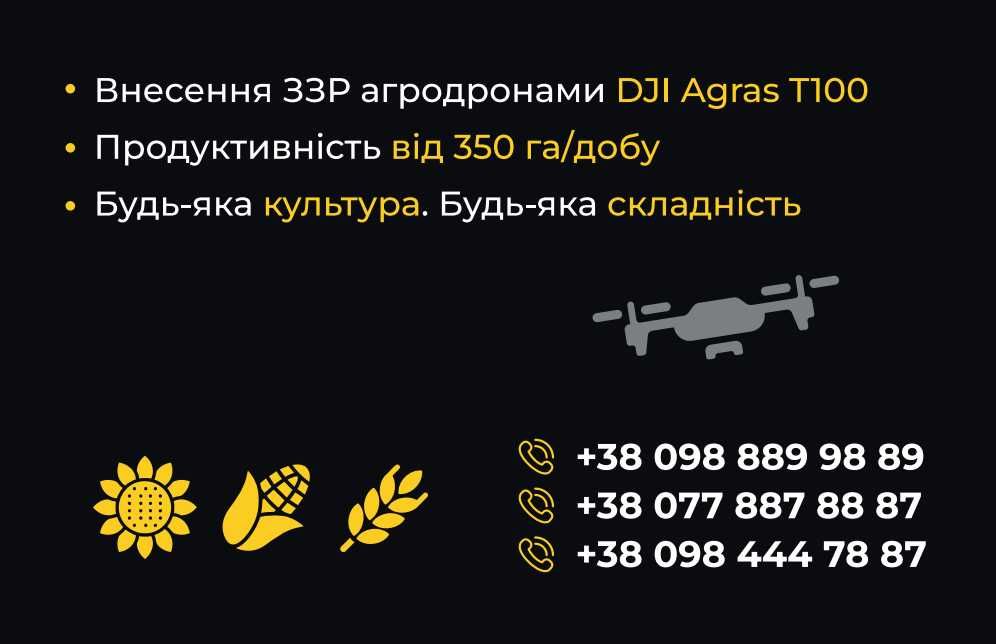 Внесення ЗЗР/обприскування агродронами DJI Agras T100. Продуктивність 350-500 га/добу.