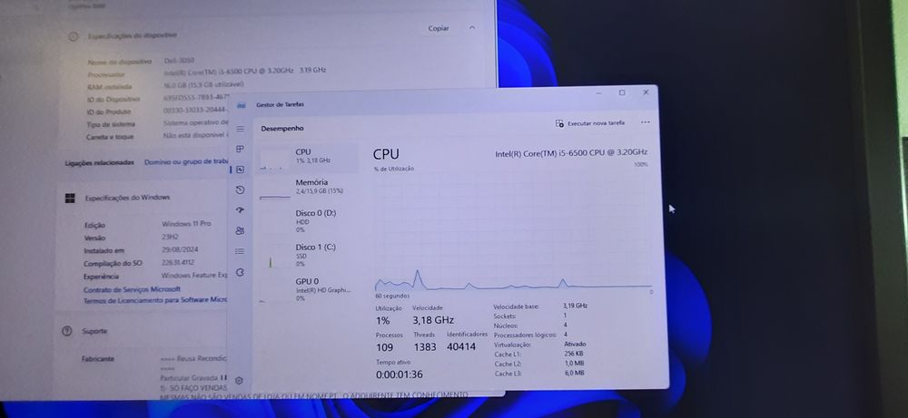 Pç/Torre DELL 3050 6ªG|i5.6500-3.2G|16G|HDMI|NVMe256+HD500|Wifi+BT|W11