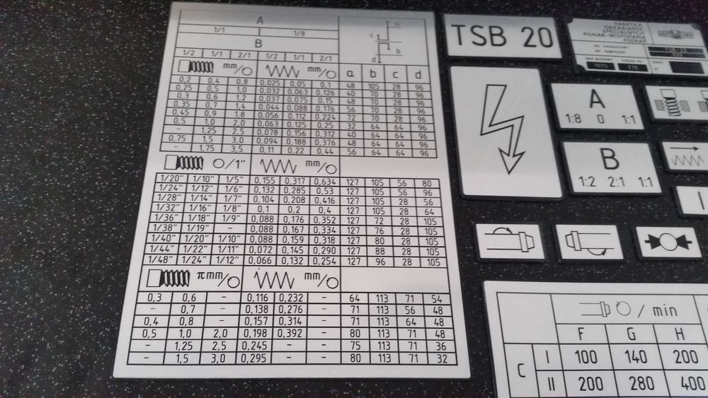 Tokarka TSB 20 Tabliczka Tabliczki Tabela Gwintów