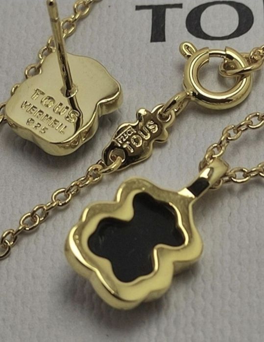 Naszyjnik z misiem żółte srebro vermeil 925 z onyksem