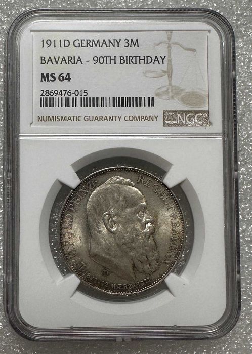 Срібна монета 3 марки Німецька імперія Баварія 1911 Луітпольд NGC MS-64