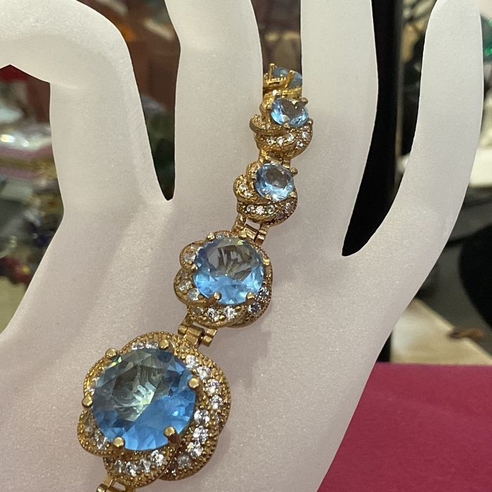 Pulseira prata banho ouro aquamarine 19 cm