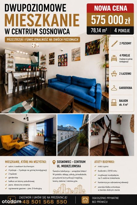 NOWA CENA! Dwupoziomowe mieszkanie - 78.14m²