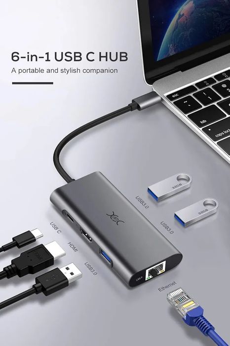 Adapter koncentratora 6in1 USB C HUB  YXwin, USB C do HDMI 4K, 6 w 1