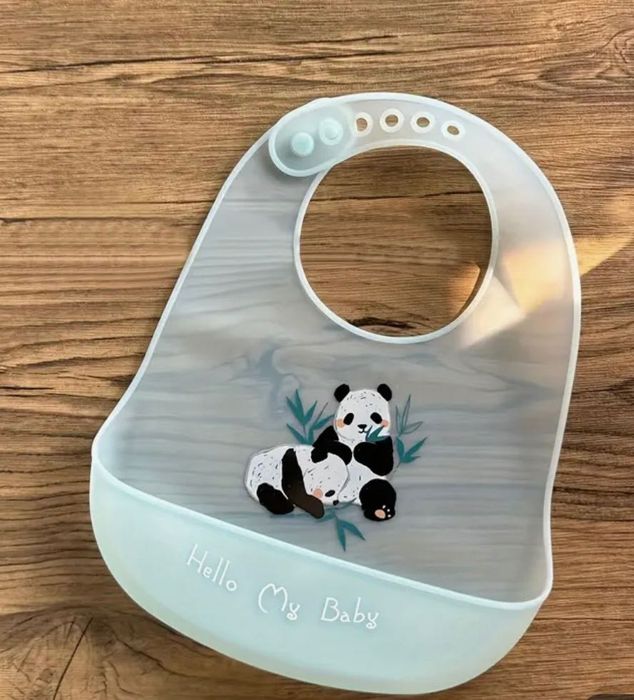 Silikonowy śliniak do karmienia, z kieszenią, miętowy Panda Nowy