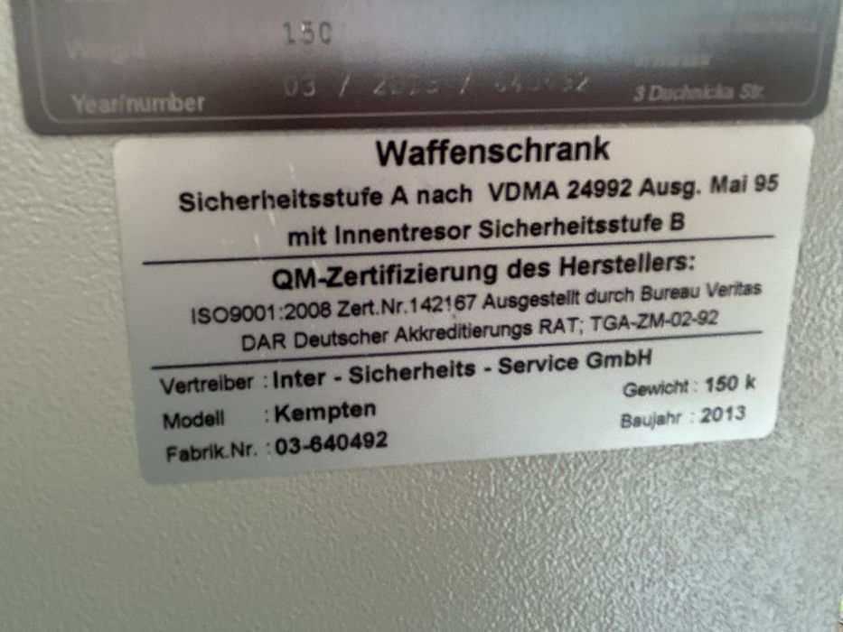 Szafa na Broń marki ISS, model Kempten klasy S1