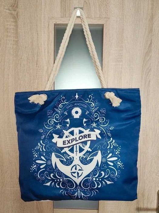 Duża torba shooperka letnia plażowa niebieska z kotwicą
