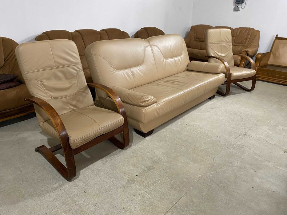 Шкіряний розкладний диван+2крісла з натуральноі шкіри