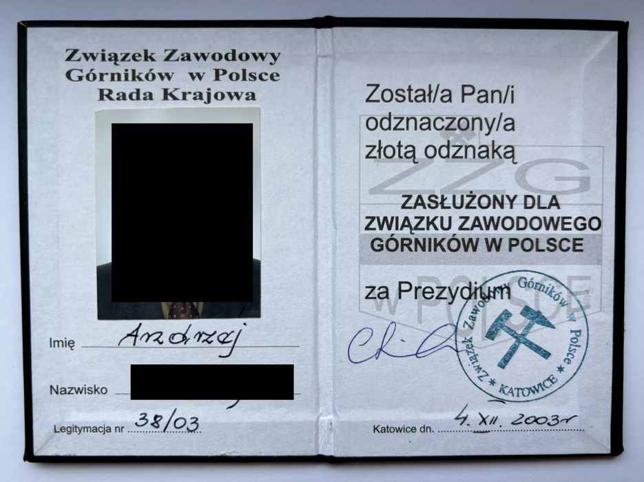 Zasłużony dla górnictwa ZZG legitymacje odznaczenia