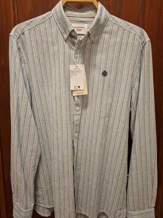 Camisa homem manga comprida linho algodão azul claro - Nova