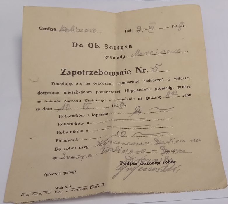 Dokument historyczny 1948 - Gmina Kalinowo, Mazury. UNIKAT!
