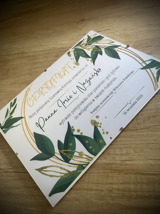 Certyfikat na wieczor panienski dla panny mlodej