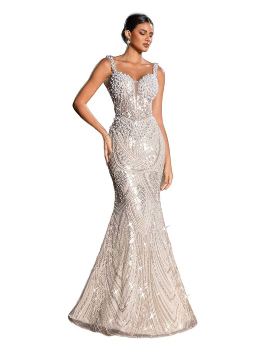 Shein elegancka beżowa sukienka wieczorowa maxi z cekinami m 11ma