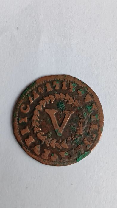 Moedas cobre D.João V de V réis, 1713e 14. Cada moeda 1 valor.